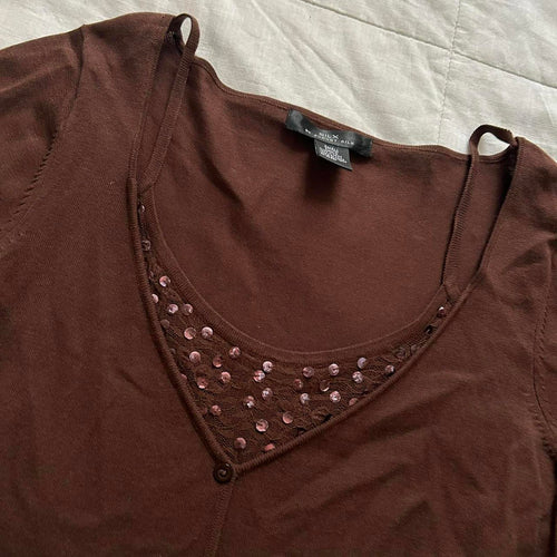 August Silk Brown prestyled layered look sweater top lace sequin underlay top